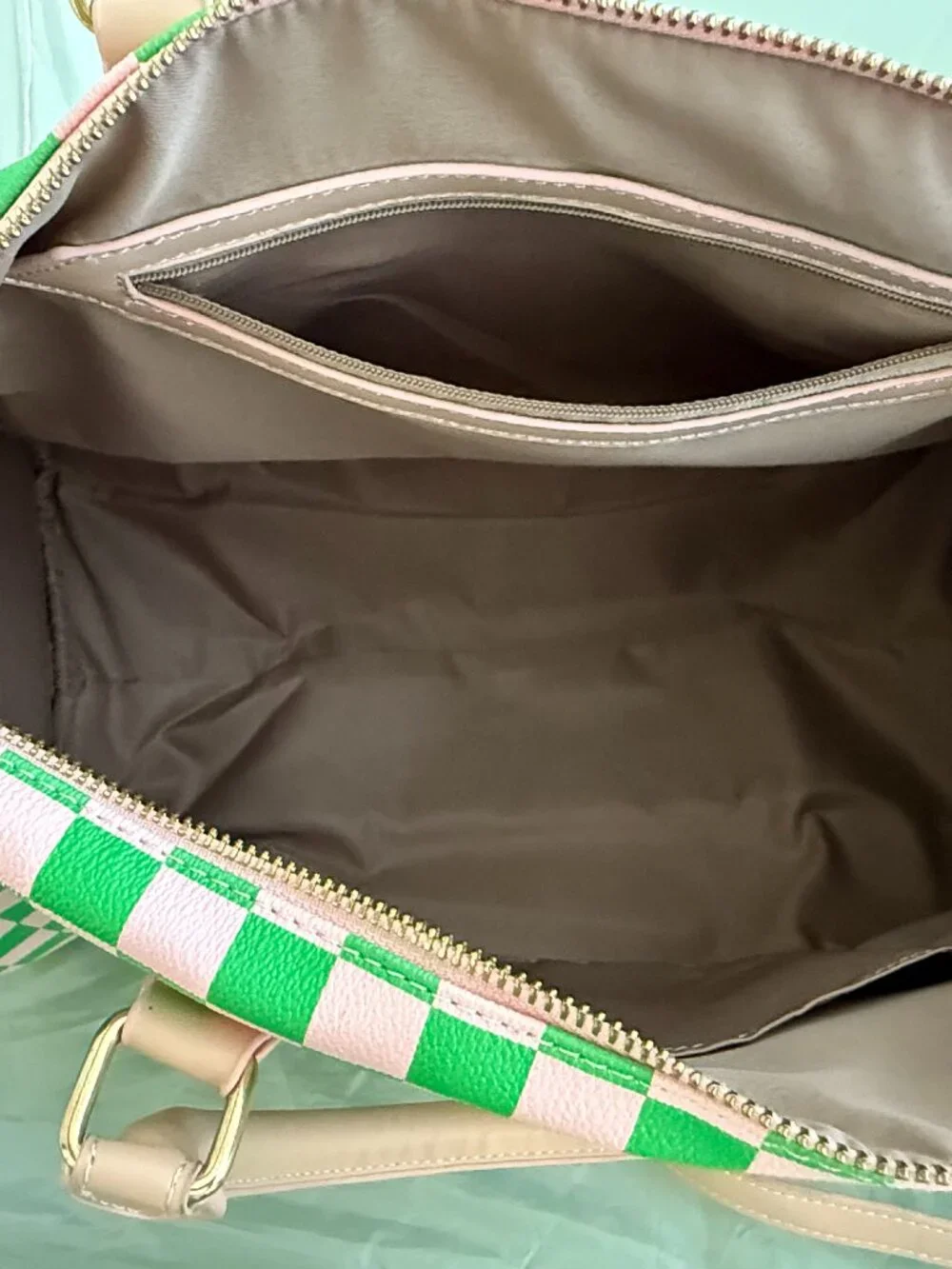 Pink & Green Checkered Weekender/Duffle Bag + Matching Zip Wallet/Card Case 4pc
